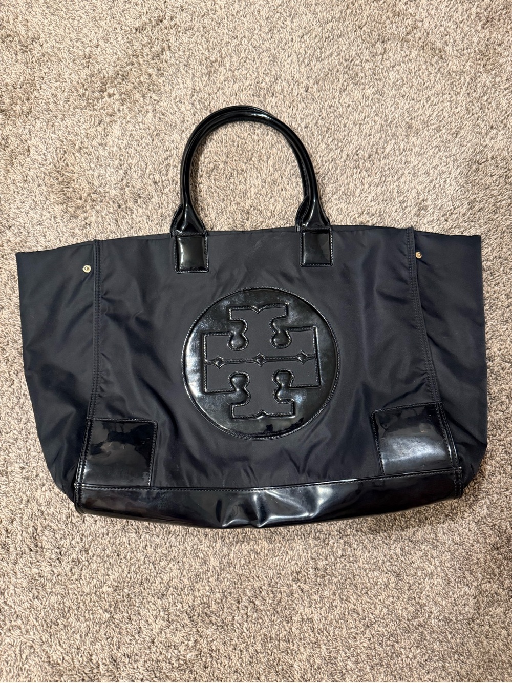 Tory Burch Women's Black Patent Leather Nylon Lined Ella Logo Tote Bag Large
